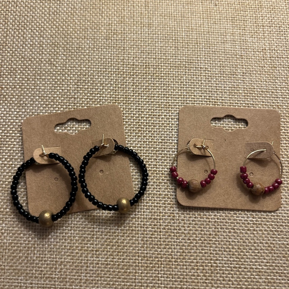 Beaded Hoop Earrings Set in Black and Red